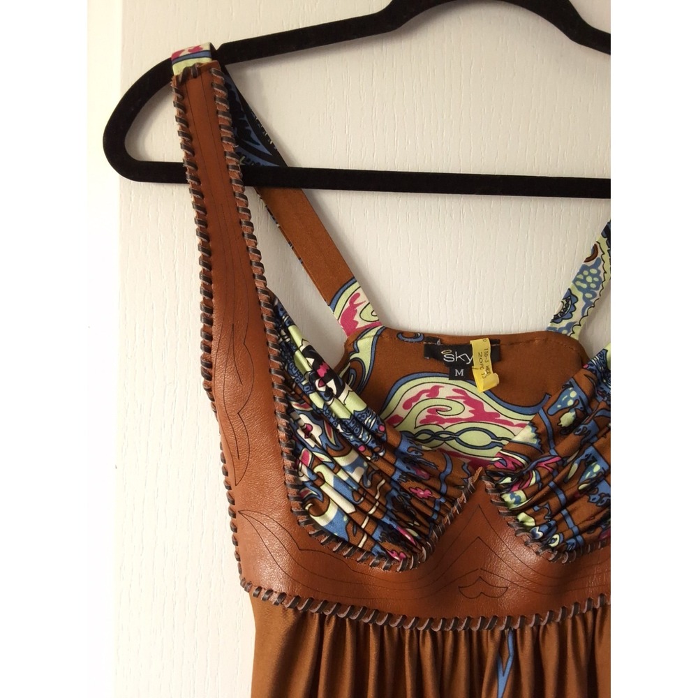 Sky Brand Women M 100% Silk Mini Dress Leather Accent Paisley Coastal cowboy Y2K - Picture 3 of 7